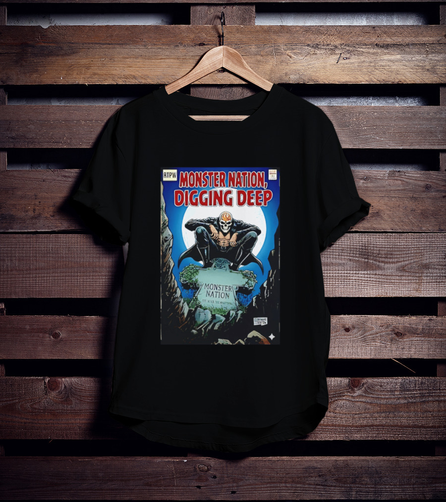 Monster Nation Digging Deep Comic Cover Tombstone Skeleton Superhero T-Shirt