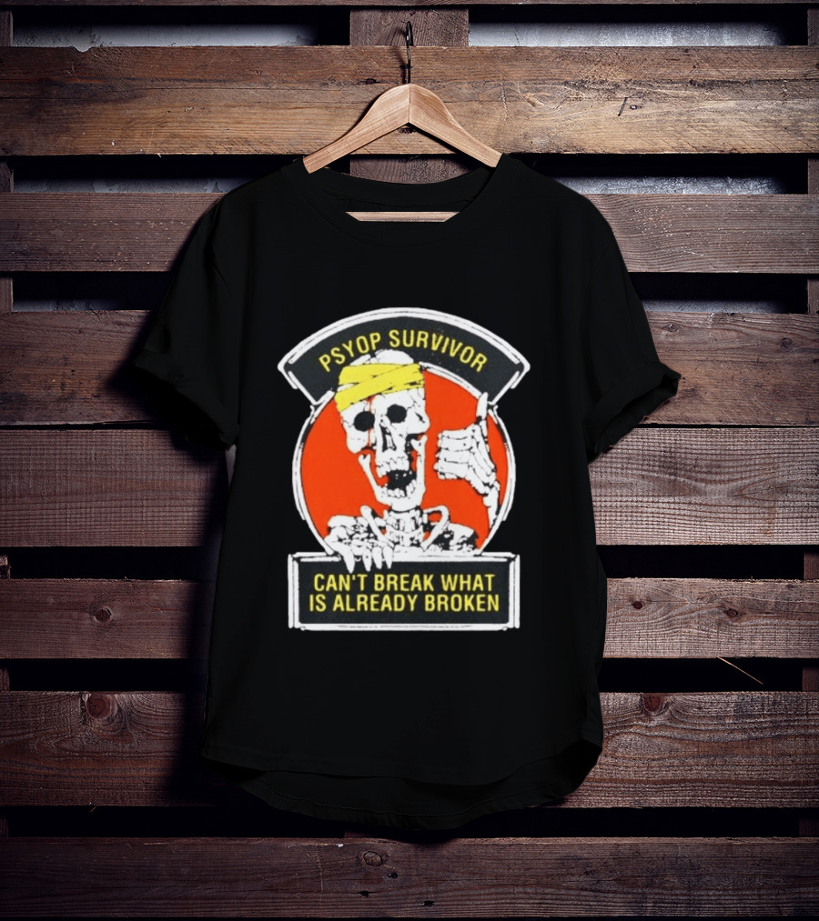 Psyop Survivor Skeleton Can't Break What Is Already Broken Yellow Bandana Thumbs Up T-Shirt