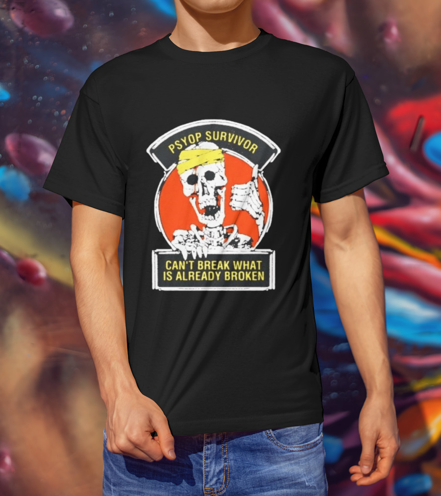 Psyop Survivor Skeleton Can't Break What Is Already Broken Yellow Bandana Thumbs Up T-Shirt