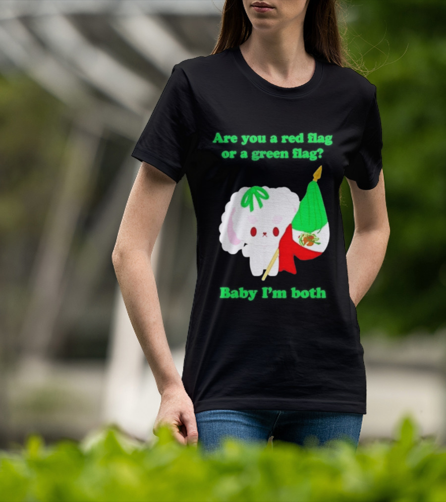 Nonomochi Mexico Flag Are You A Red Flag Or A Green Flag Cute Bunny Holding Mexican Flag T-Shirt