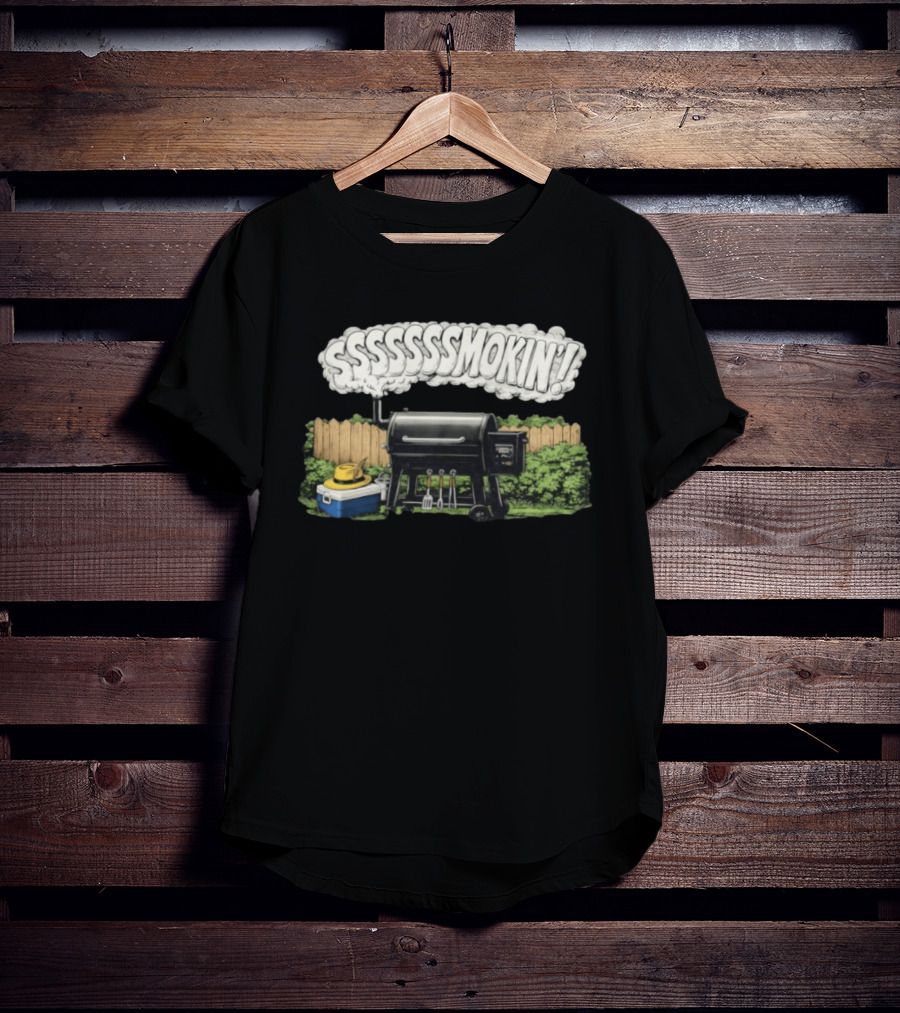 Ssssssmokin Pellet Grill Backyard Barbecue Scene T-Shirt