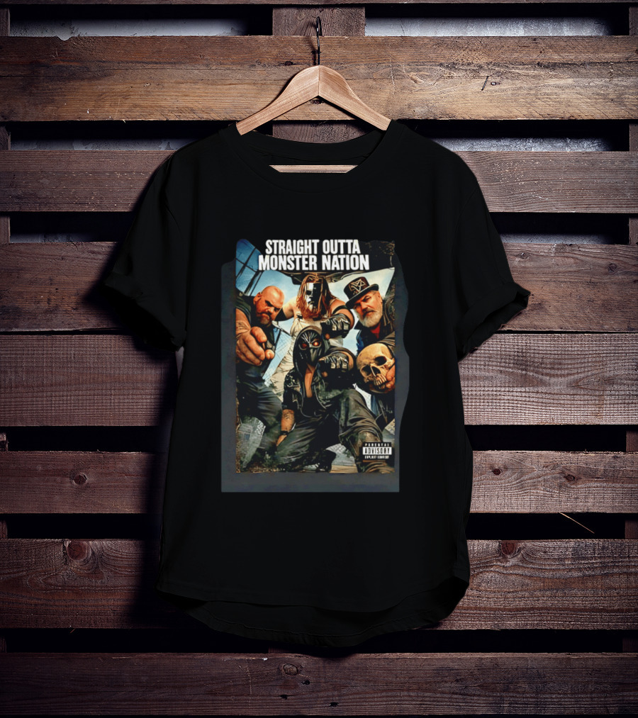 Straight Outta Monster Nation Group Pose With Skulls And Masks T-Shirt