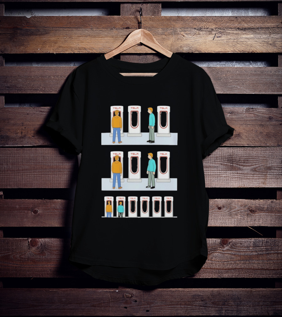 Tesla Comic Strip Charging Supercharger Urinals Parking Humor T-Shirt