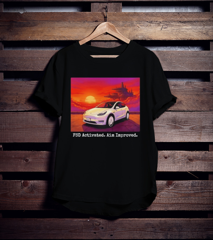 Tesla Model Y FSD Activated Aim Improved Sunset Futuristic City Scene T-Shirt