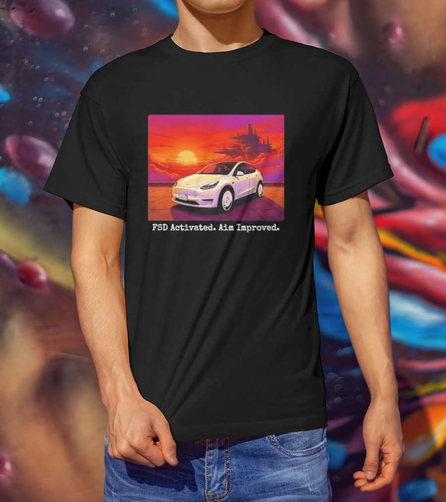 Tesla Model Y FSD Activated Aim Improved Sunset Futuristic City Scene T-Shirt