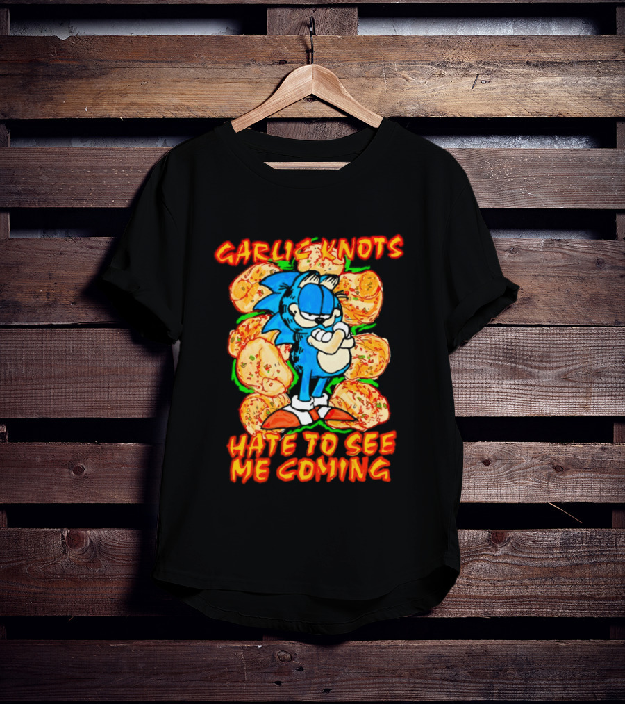 Garlic Knots Hate To See Me Coming Blue Character Surrounded By Cheesy Snacks T-Shirt