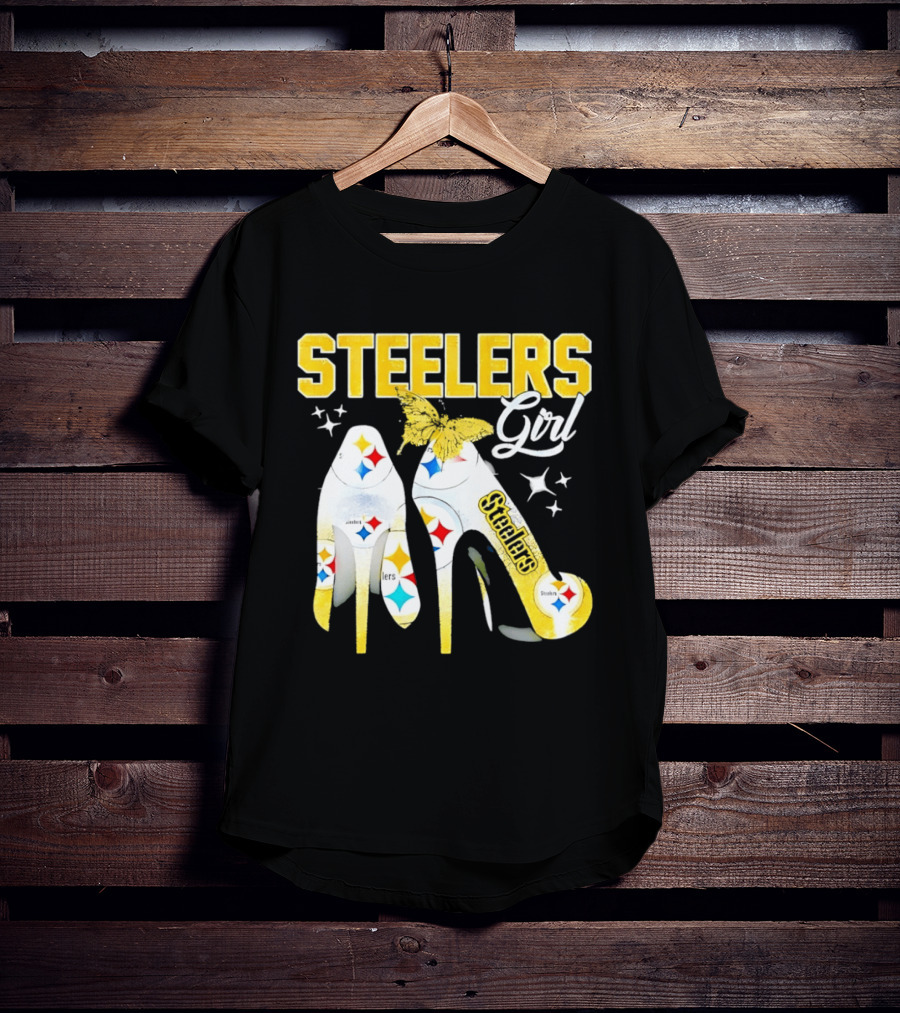 Steelers Girl High Heels With Butterfly And Stars T-Shirt