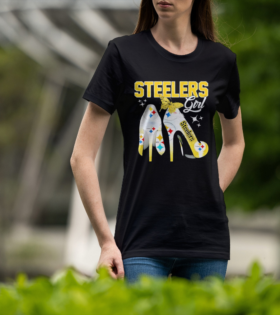 Steelers Girl High Heels With Butterfly And Stars T-Shirt