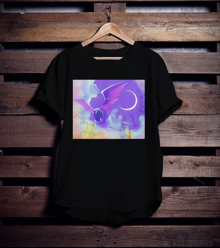 Spooky Bat With Pink Wings Flying Under Crescent Moon Halloween Night Scene T-Shirt
