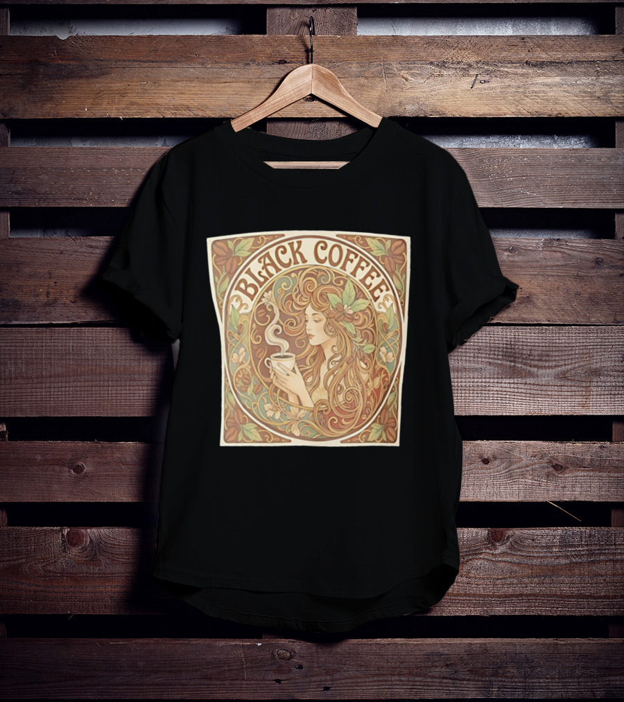 Black Coffee Nouveau Floral Steaming Art Deco T-Shirt