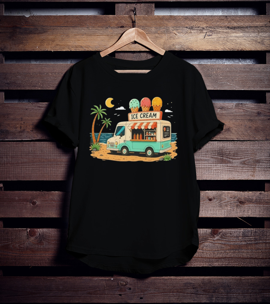 Ice Cream Truck Beach Night Tropical Ocean Summer Waves T-Shirt