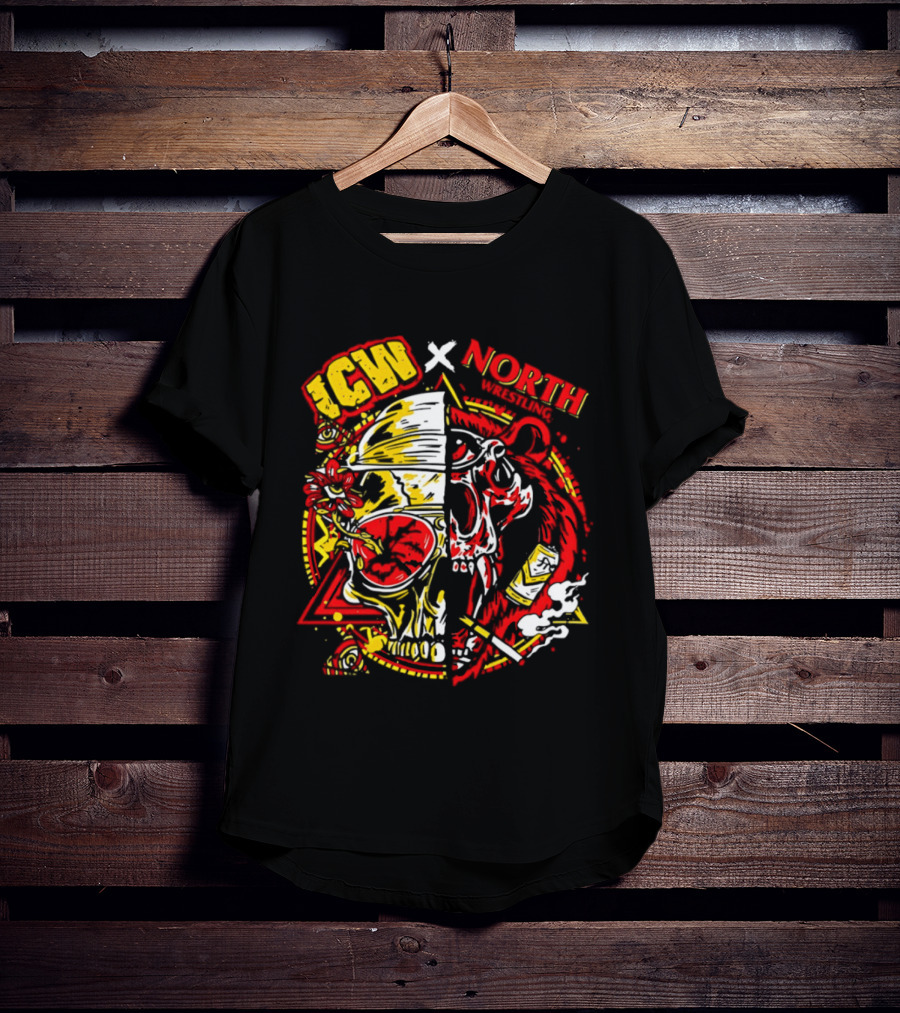 ICW X North Wrestling Split Skull Bear Head Concert Band T-Shirt