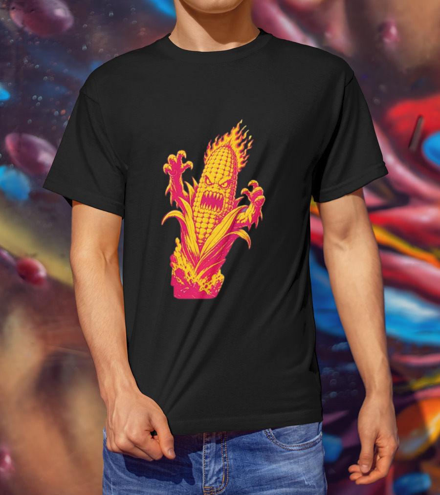 Fiery Mutant Corn Monster Kernels Of Terror Halloween Evil Cob T-Shirt