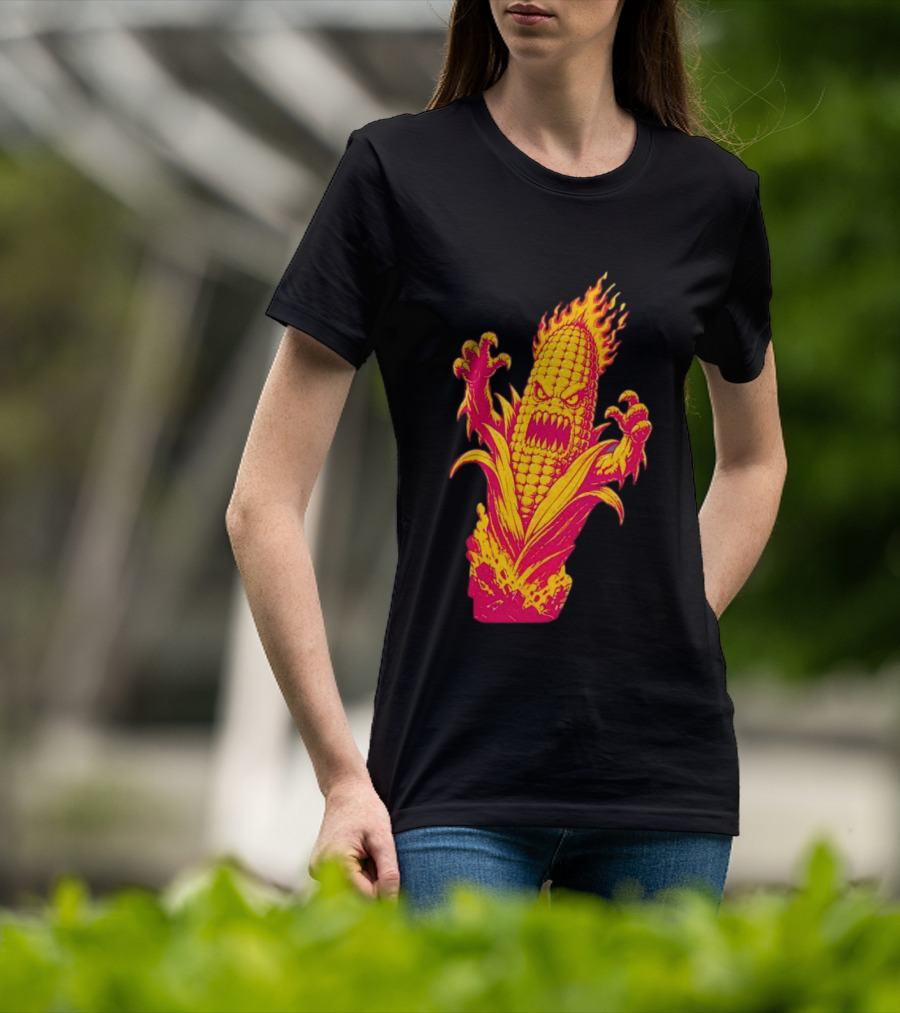 Fiery Mutant Corn Monster Kernels Of Terror Halloween Evil Cob T-Shirt