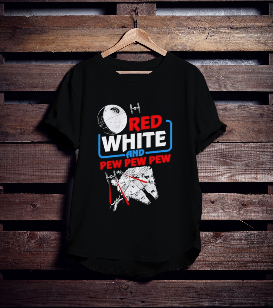 Star Wars Millennium Falcon Red White And Pew Pew Pew Death Star Tie Fighter T-Shirt