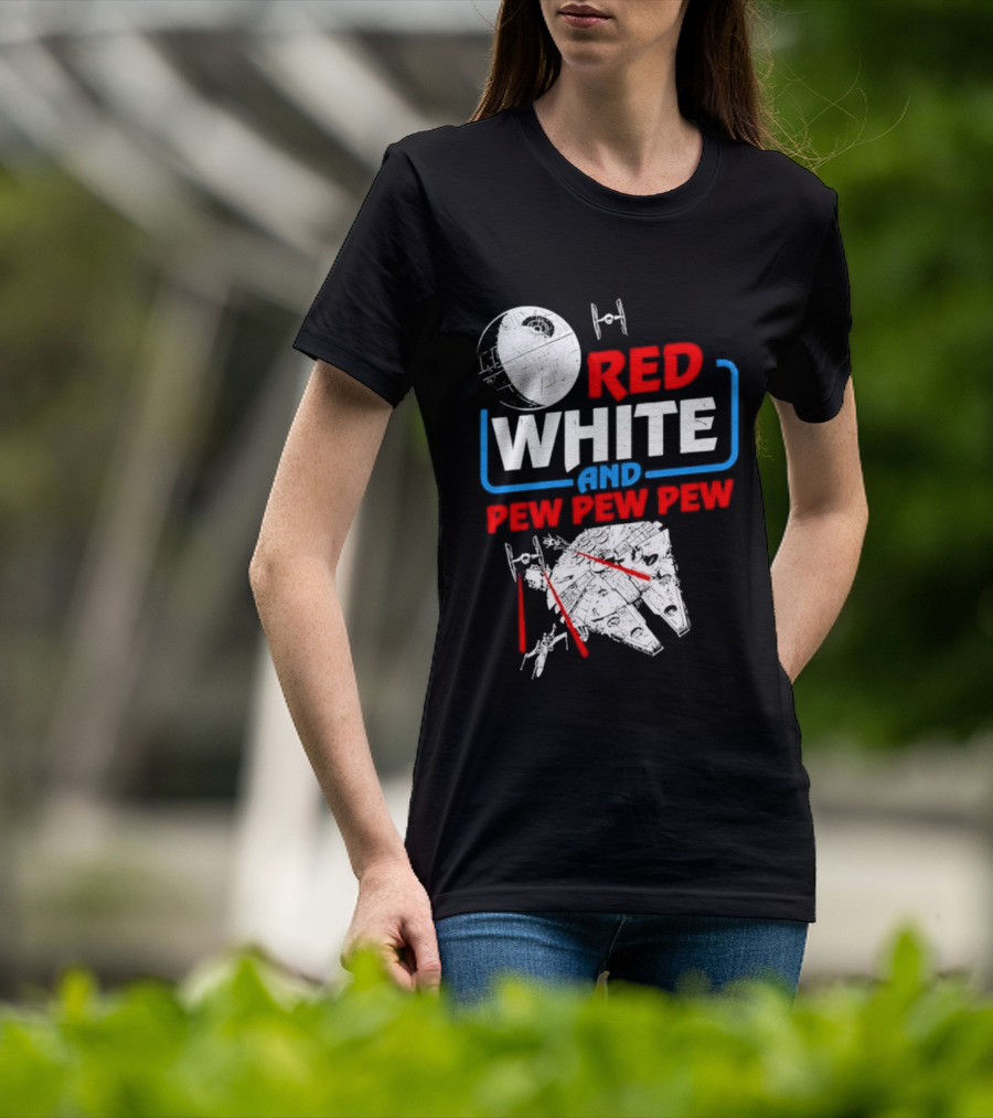 Star Wars Millennium Falcon Red White And Pew Pew Pew Death Star Tie Fighter T-Shirt