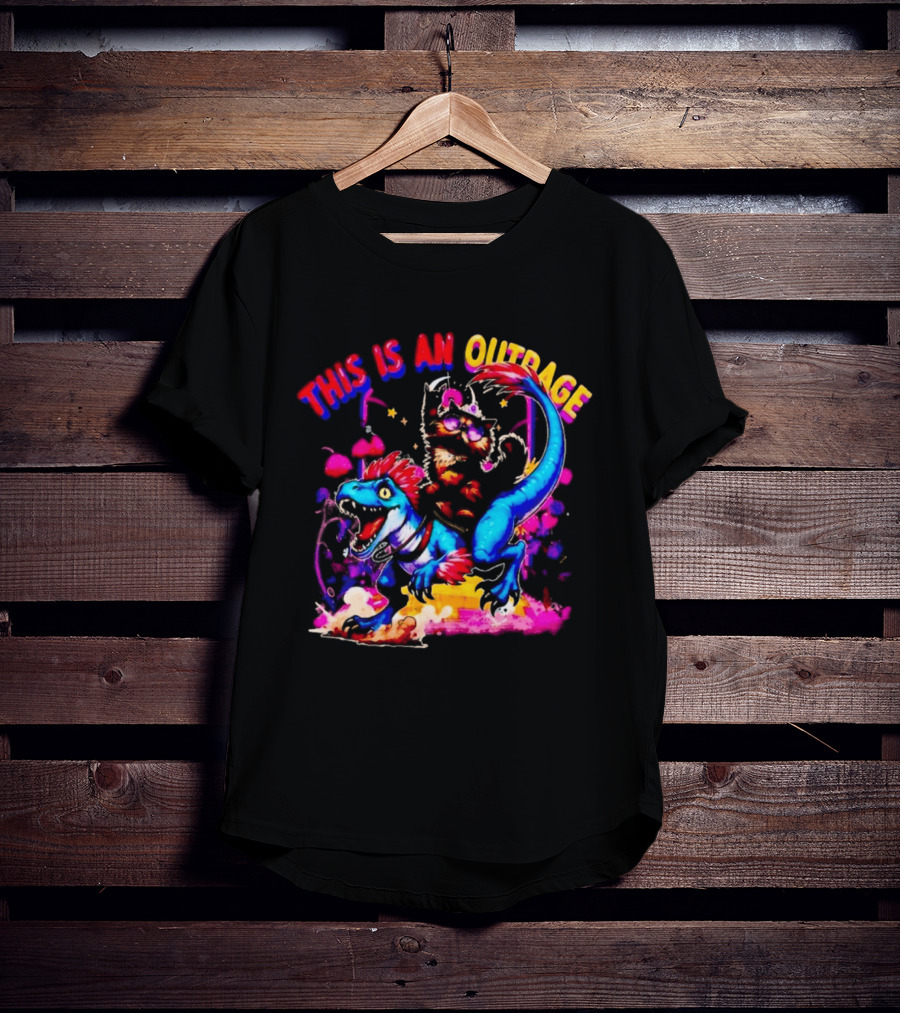 This Is An Outrage Cat Riding Blue Raptor Dinosaur Jurassic T-Shirt