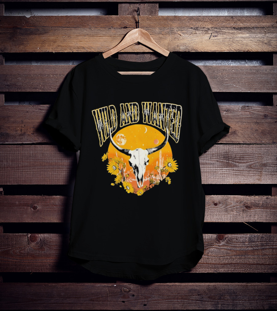 Wild And Wanted Bull Skull Sun Moon Desert Cactus Flowers Western Boho T-Shirt