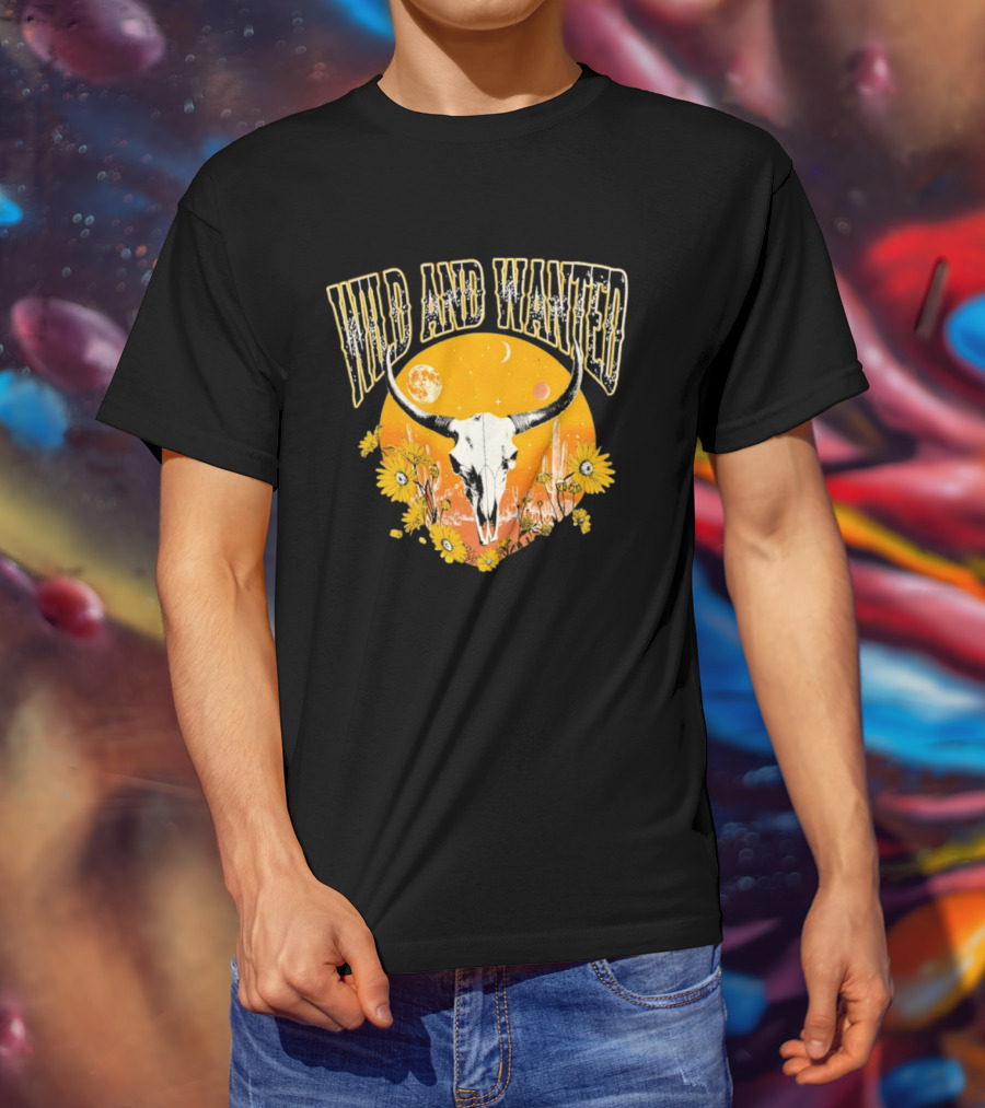 Wild And Wanted Bull Skull Sun Moon Desert Cactus Flowers Western Boho T-Shirt