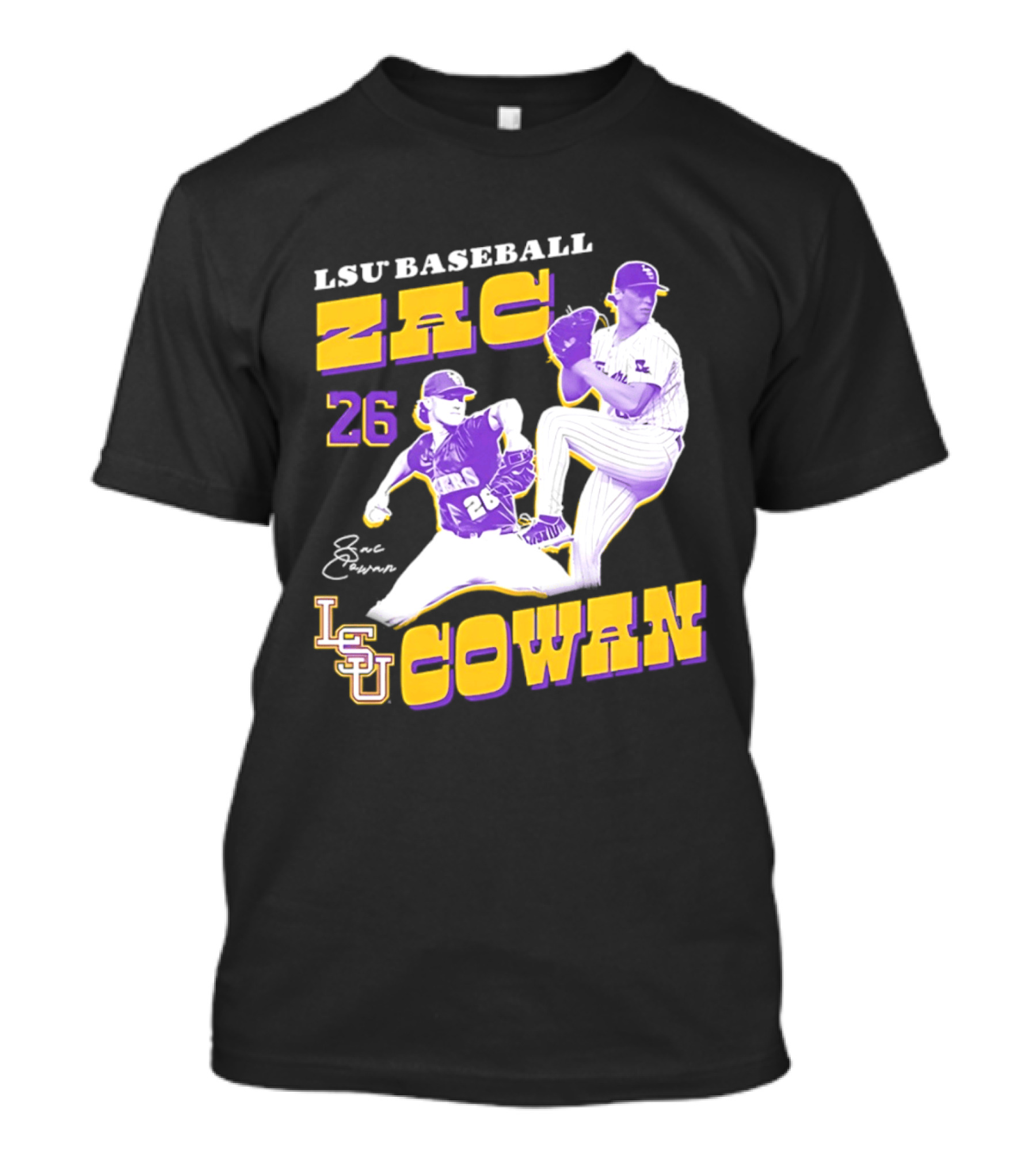 LSU Baseball Zac Cowan 26 Pitching Action Pose T-Shirt