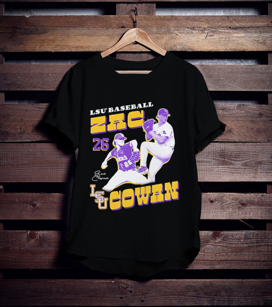 LSU Baseball Zac Cowan 26 Pitching Action Pose T-Shirt