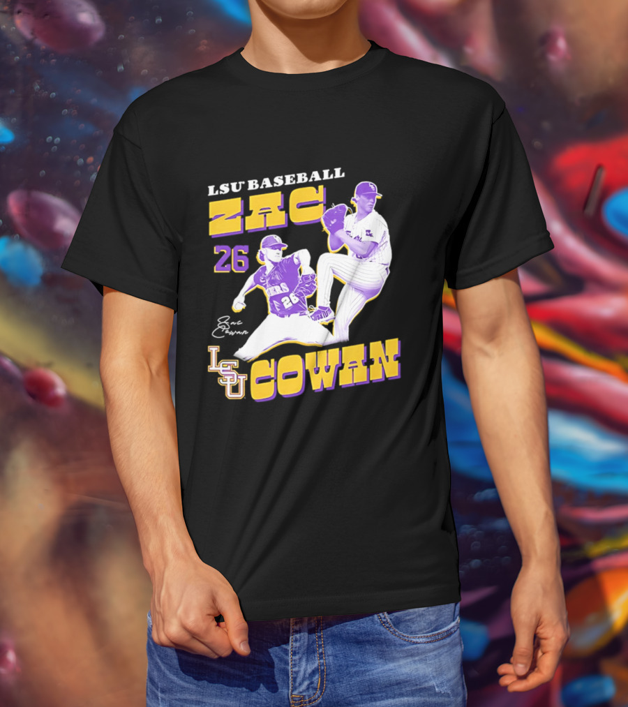 LSU Baseball Zac Cowan 26 Pitching Action Pose T-Shirt