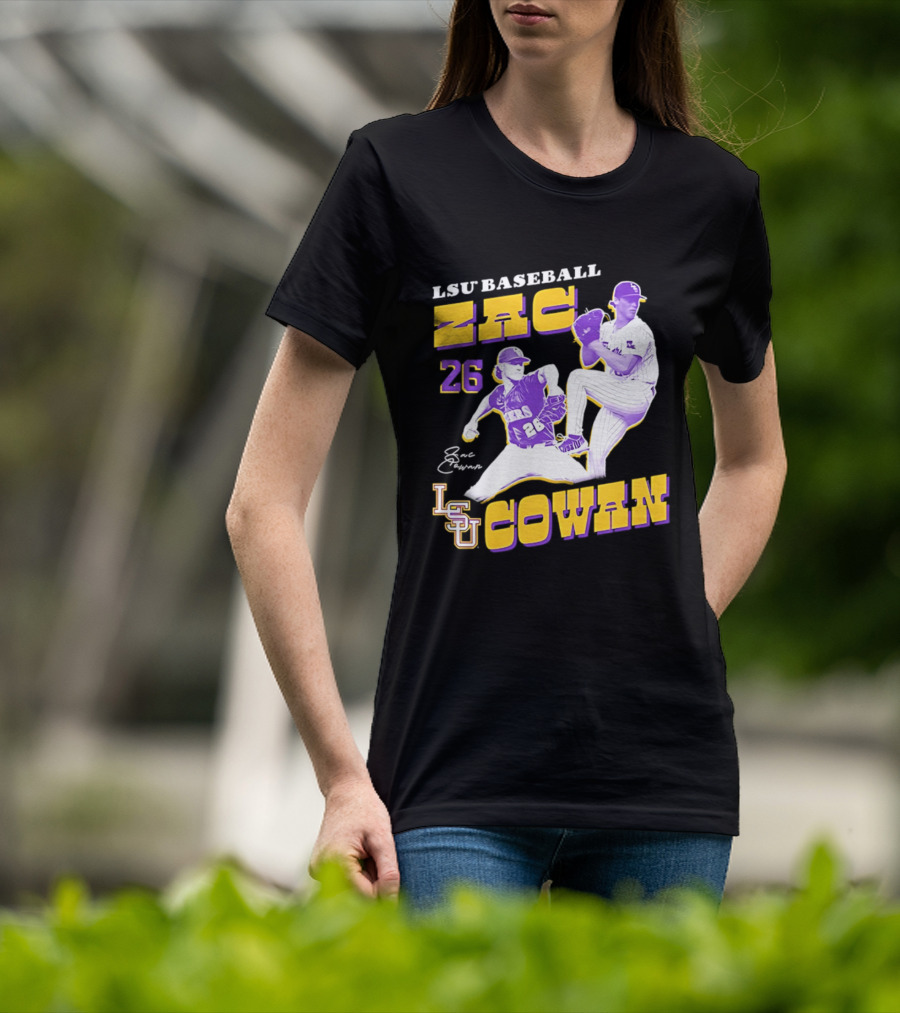 LSU Baseball Zac Cowan 26 Pitching Action Pose T-Shirt