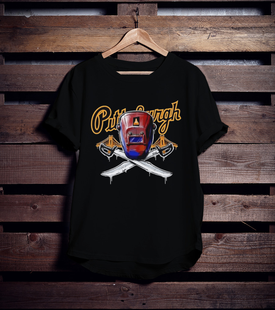 Pittsburgh Welding Mask Crossed Swords Bridge City Steel Construction Cone T-Shirt