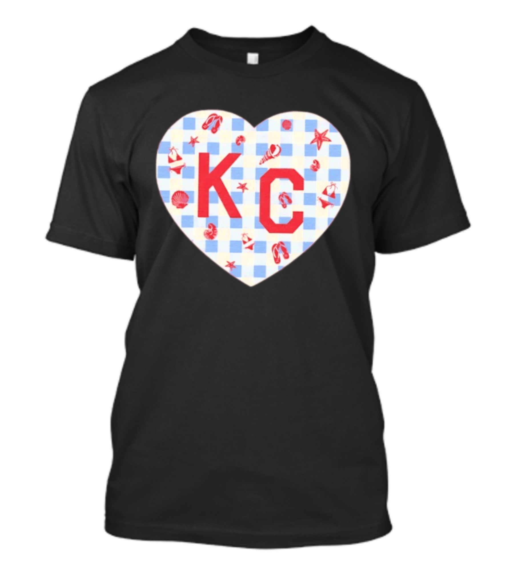 KC Heart Summertime Oatmeal Checkered Seashells And Starfish T-Shirt