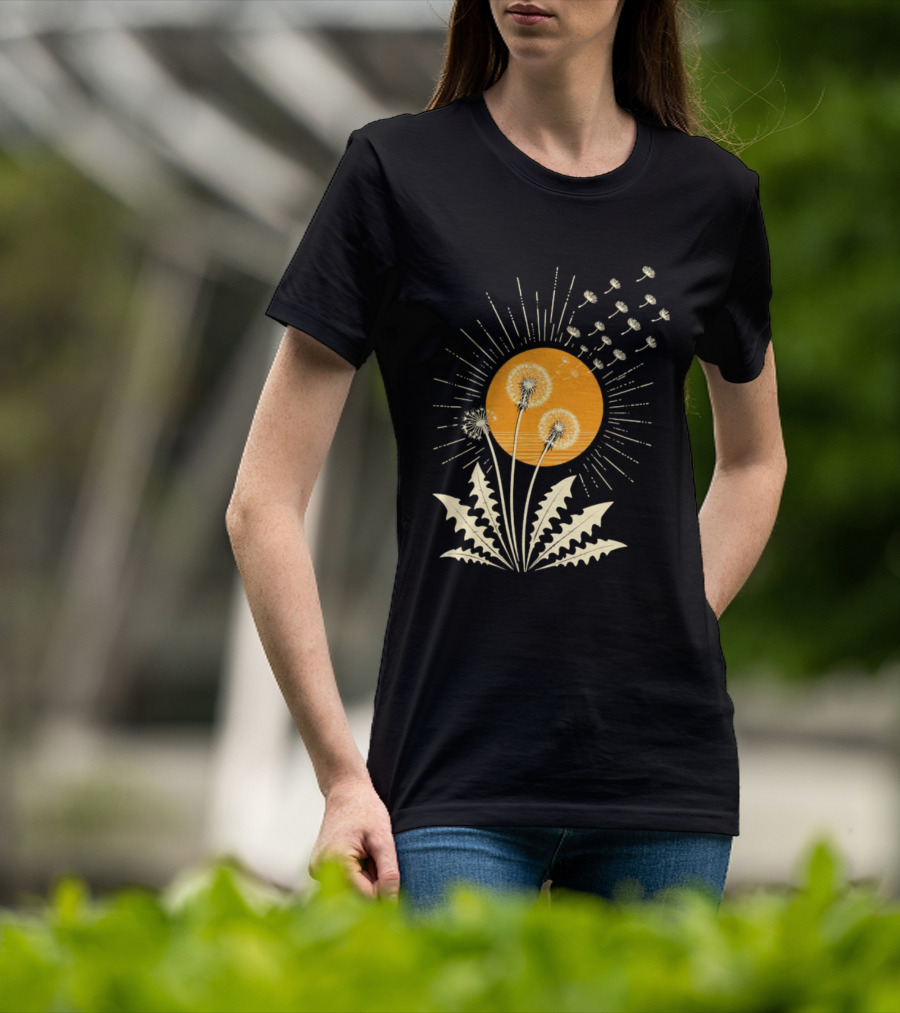 Golden Sunlight Dandelion Seeds Flying Nature Burst T-Shirt
