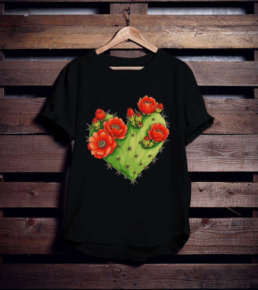 Heart Shaped Cactus With Vibrant Red Flowers T-Shirt