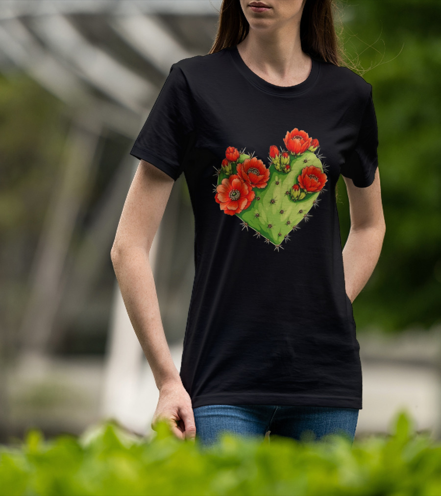 Heart Shaped Cactus With Vibrant Red Flowers T-Shirt