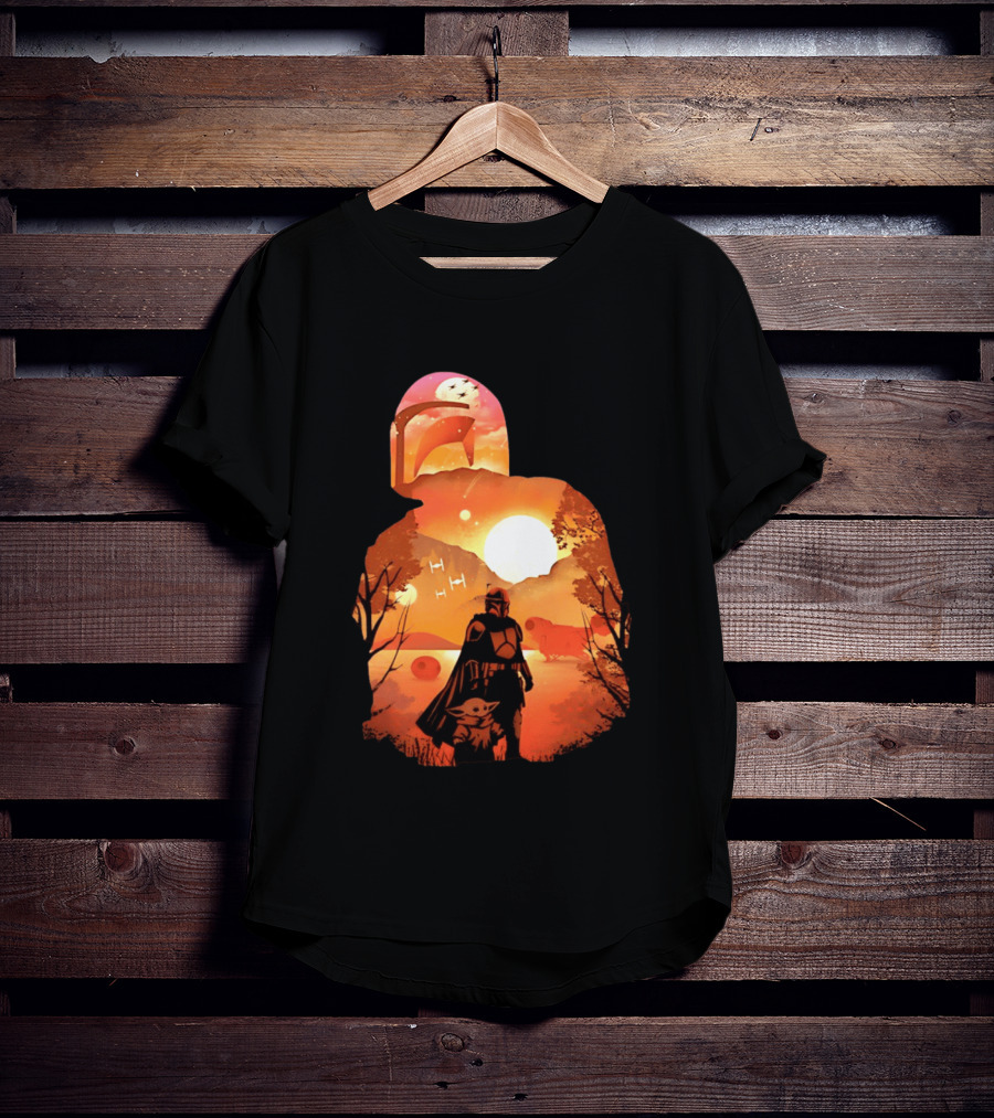 Hunting Companions Bounty Hunter Sunset Mandalorian Grogu Art By Dandingeroz T-Shirt