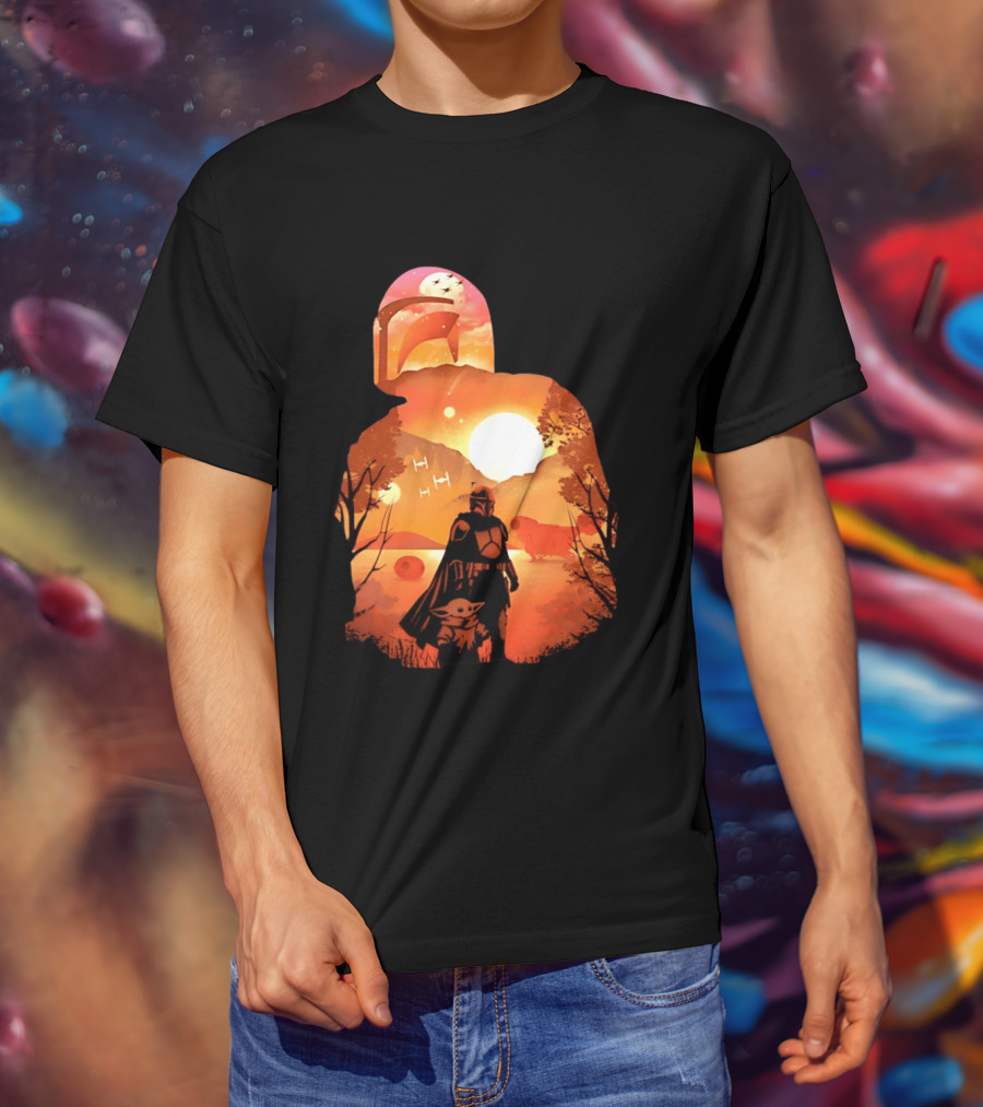 Hunting Companions Bounty Hunter Sunset Mandalorian Grogu Art By Dandingeroz T-Shirt