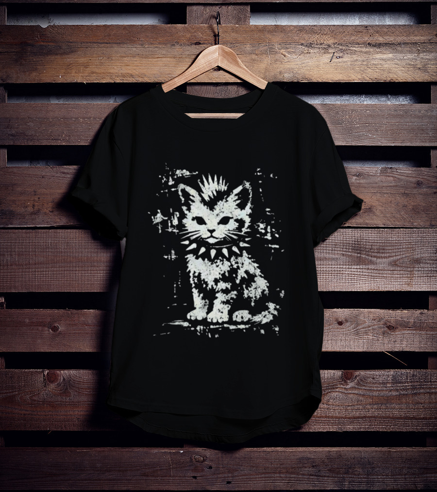 Punk Rock Cat Mohawk And Studded Collar T-Shirt