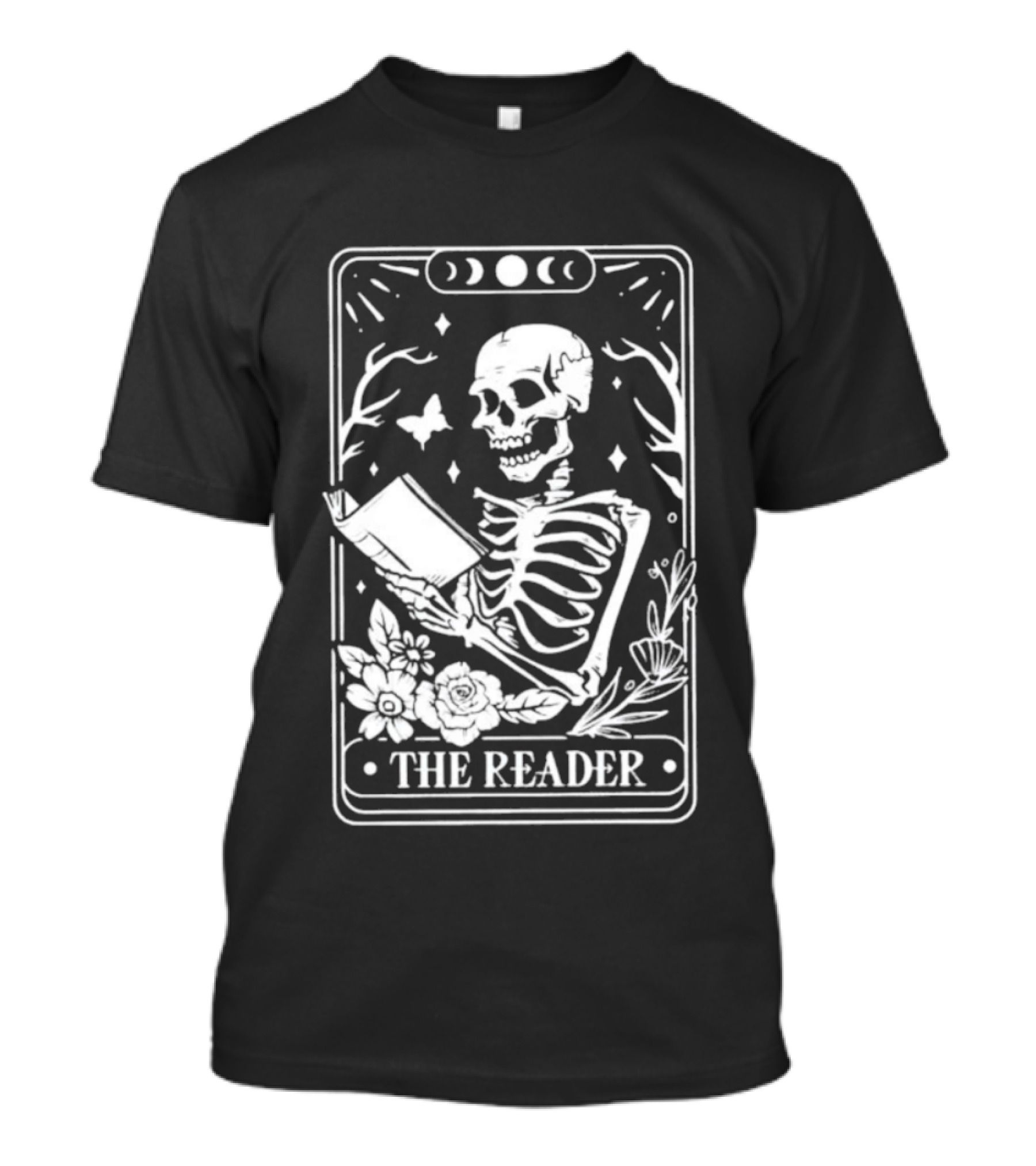The Reader Skeleton Book Moon Phases Floral Tarot Card T-Shirt