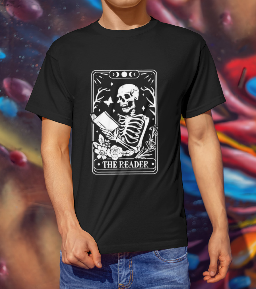 The Reader Skeleton Book Moon Phases Floral Tarot Card T-Shirt