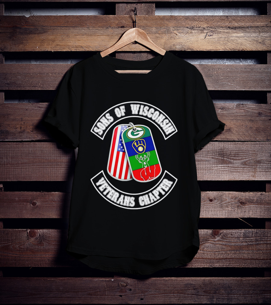 Sons Of Wisconsin Veterans Chapter Green Bay Packers Milwaukee Brewers Milwaukee Bucks Badgers American Flag Dog Tags T-Shirt
