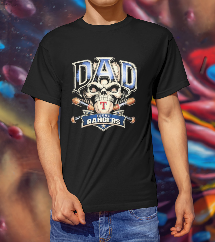 Dad Skull Baseball Crossed Bats Texas Rangers T-Shirt