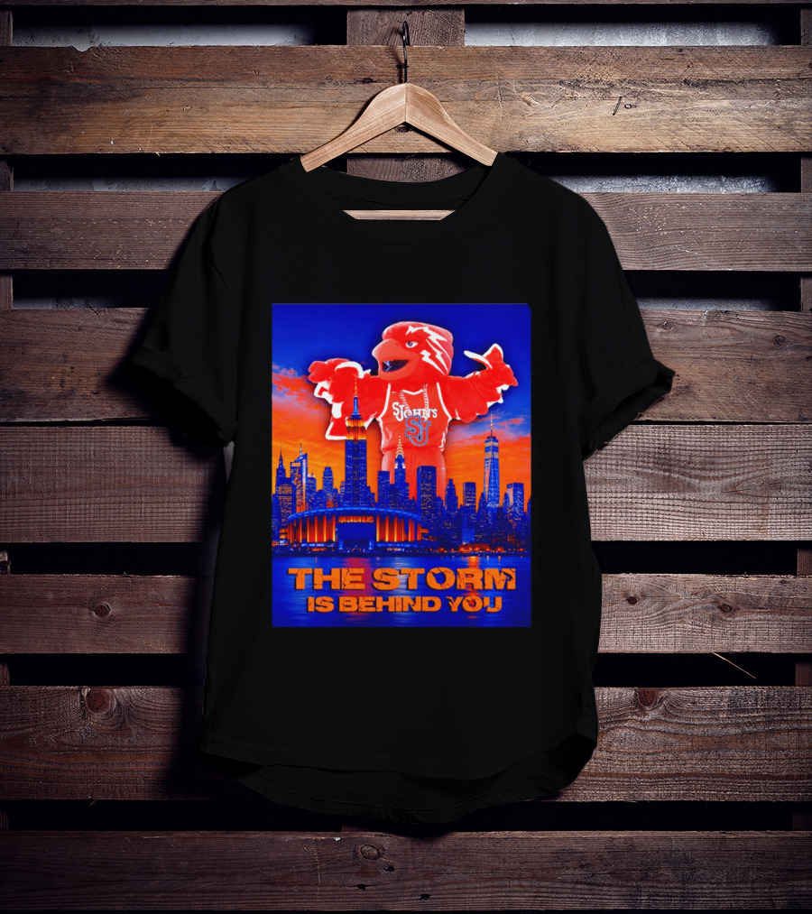 St John's University Red Storm Mascot With New York City Skyline The Storm Is Behind You T-Shirt