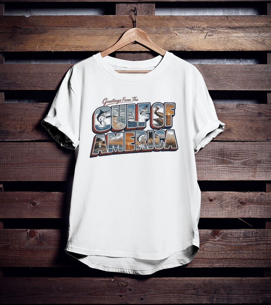 Greetings From The Gulf Of America Marlin Pelican Palm Trees Sunset Ocean Adventure T-Shirt