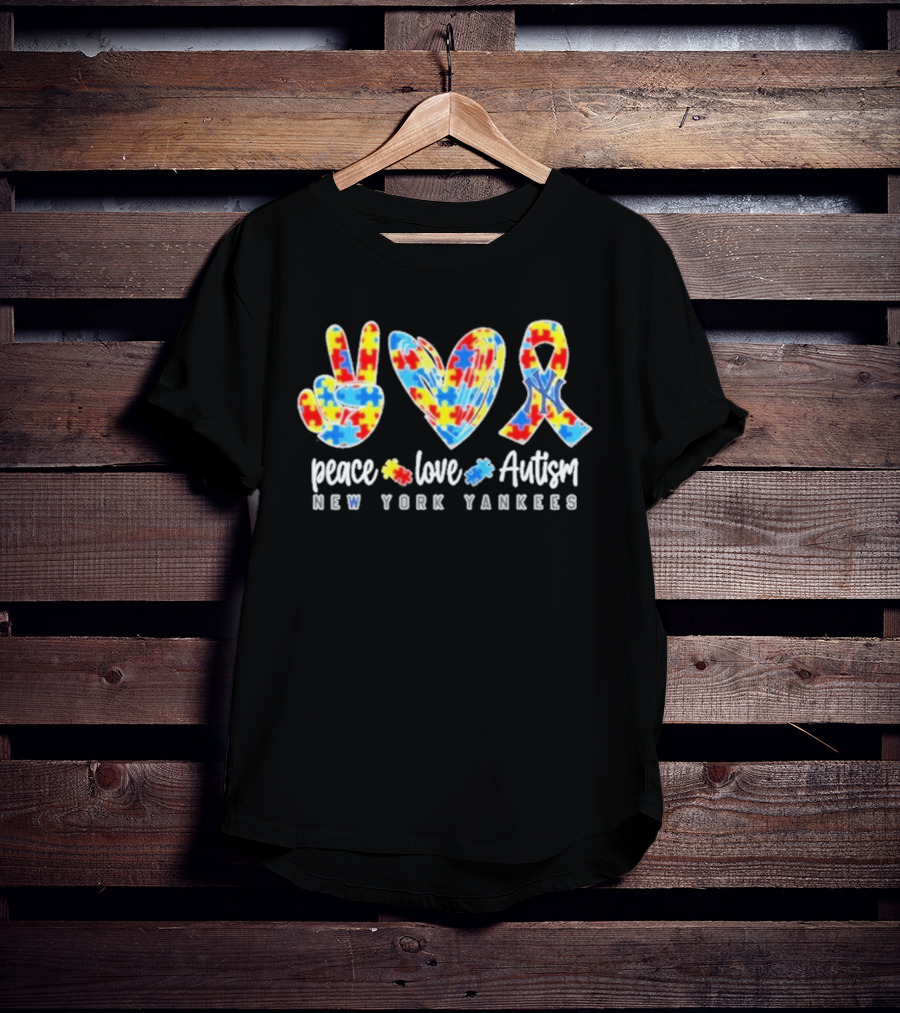 New York Yankees Peace Love Autism Puzzle Ribbon T-Shirt