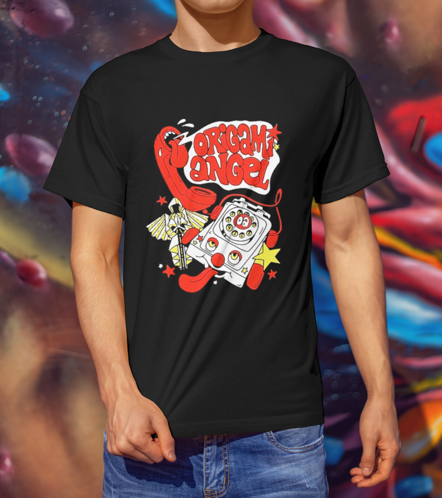 Origami Angel Retro Phone Illustration With Stars And Wings T-Shirt