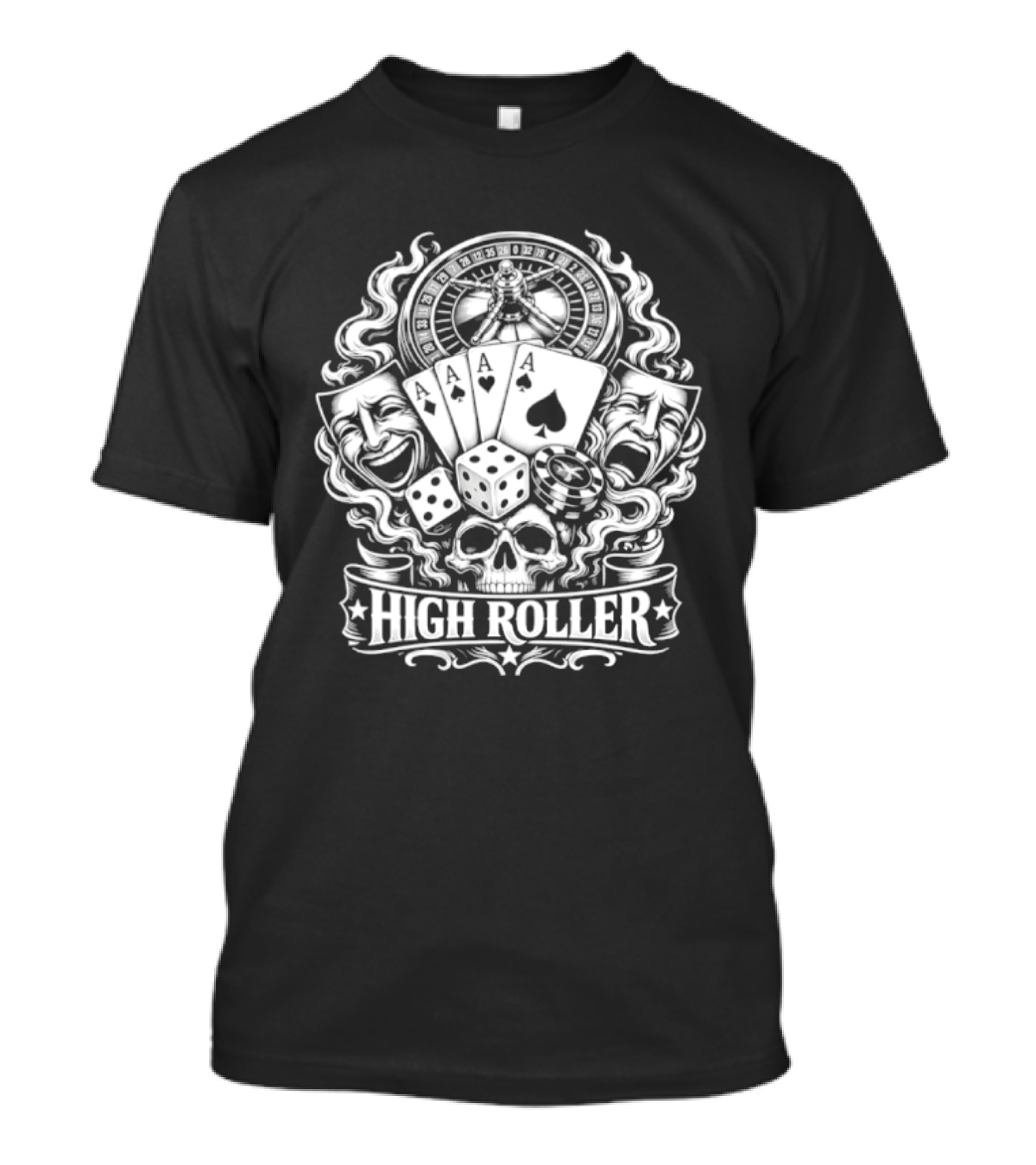 High Roller Roulette Cards Dice Skull Poker Casino Luck T-Shirt
