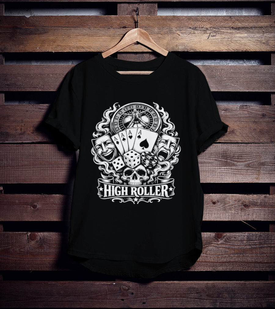 High Roller Roulette Cards Dice Skull Poker Casino Luck T-Shirt