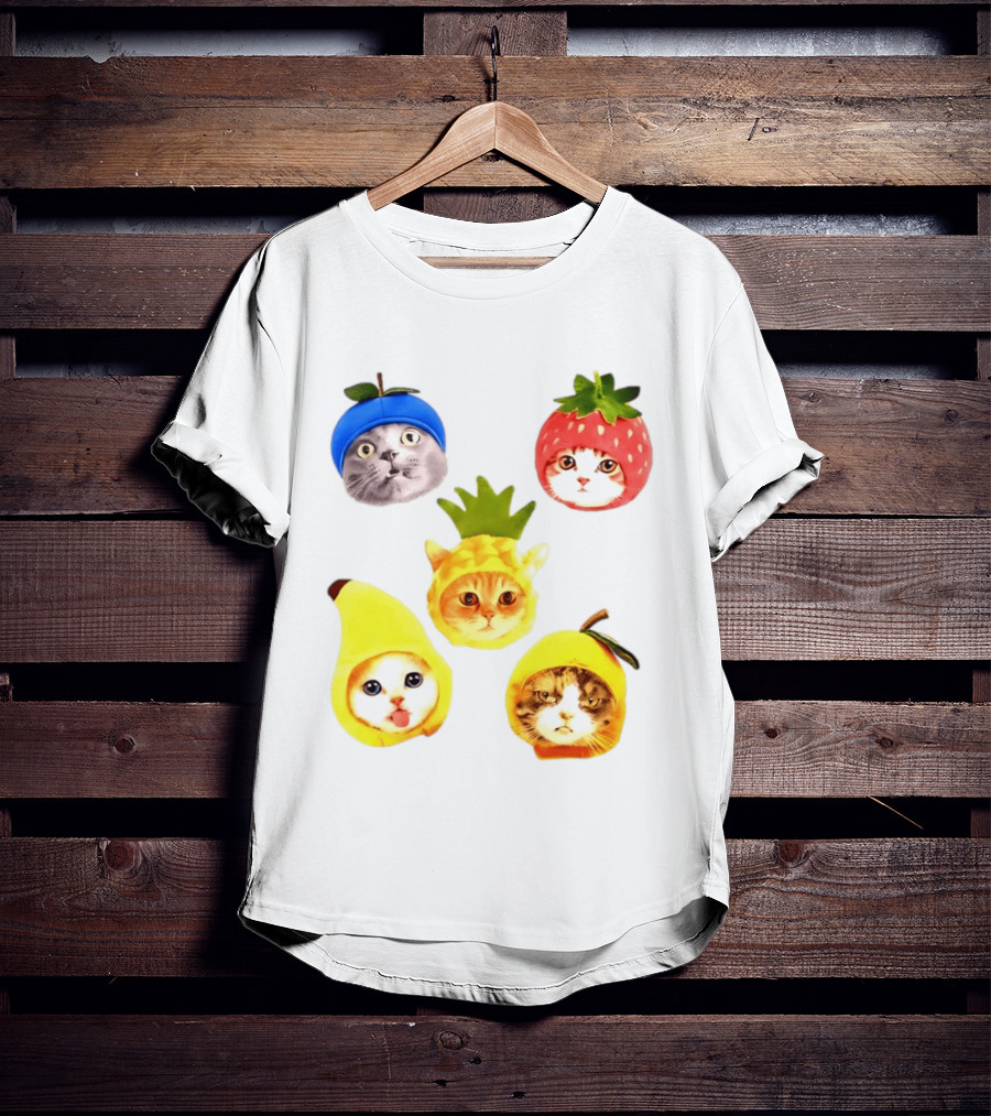 Whimsical Cats In Fruit Hats Blueberry Strawberry Pineapple Banana Apple T-Shirt