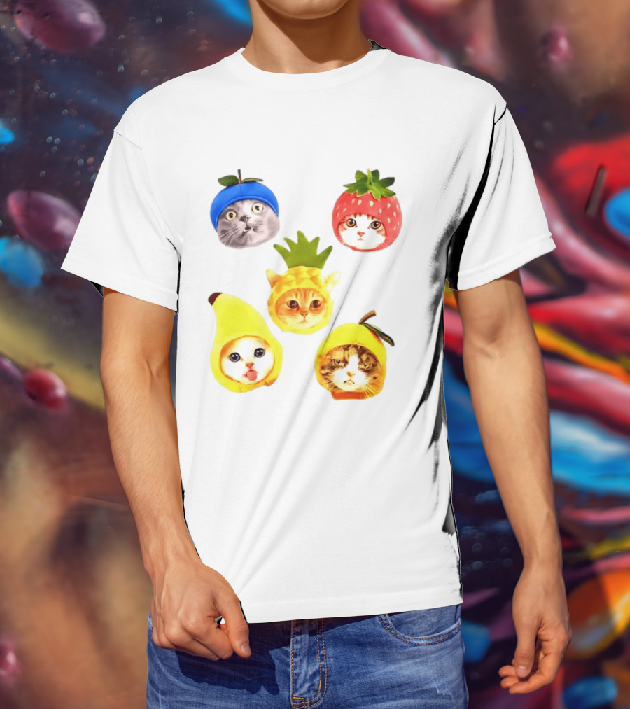 Whimsical Cats In Fruit Hats Blueberry Strawberry Pineapple Banana Apple T-Shirt