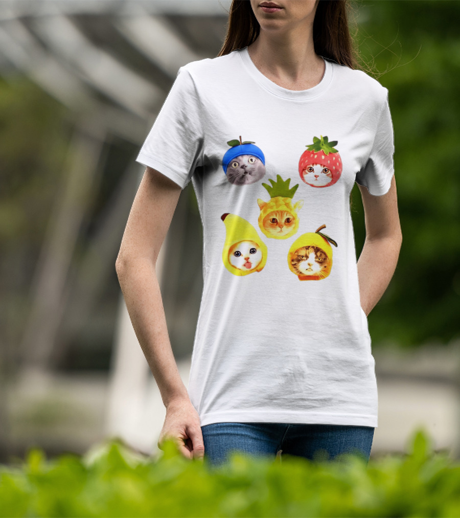 Whimsical Cats In Fruit Hats Blueberry Strawberry Pineapple Banana Apple T-Shirt