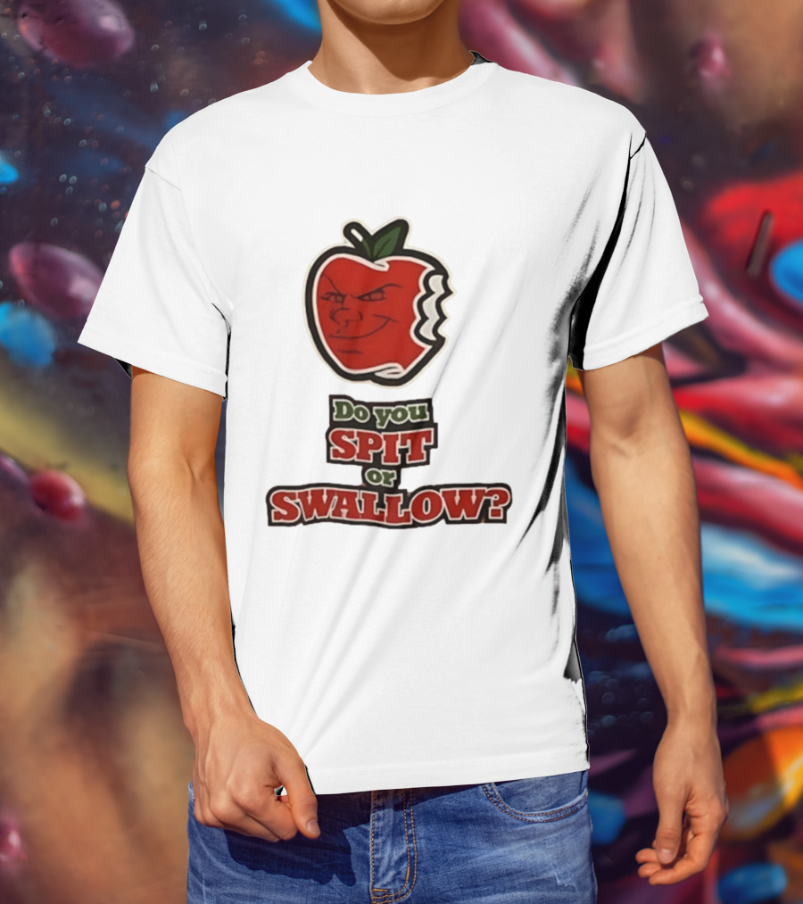 Do You Spit Or Swallow Question With Grinning Apple Bite T-Shirt