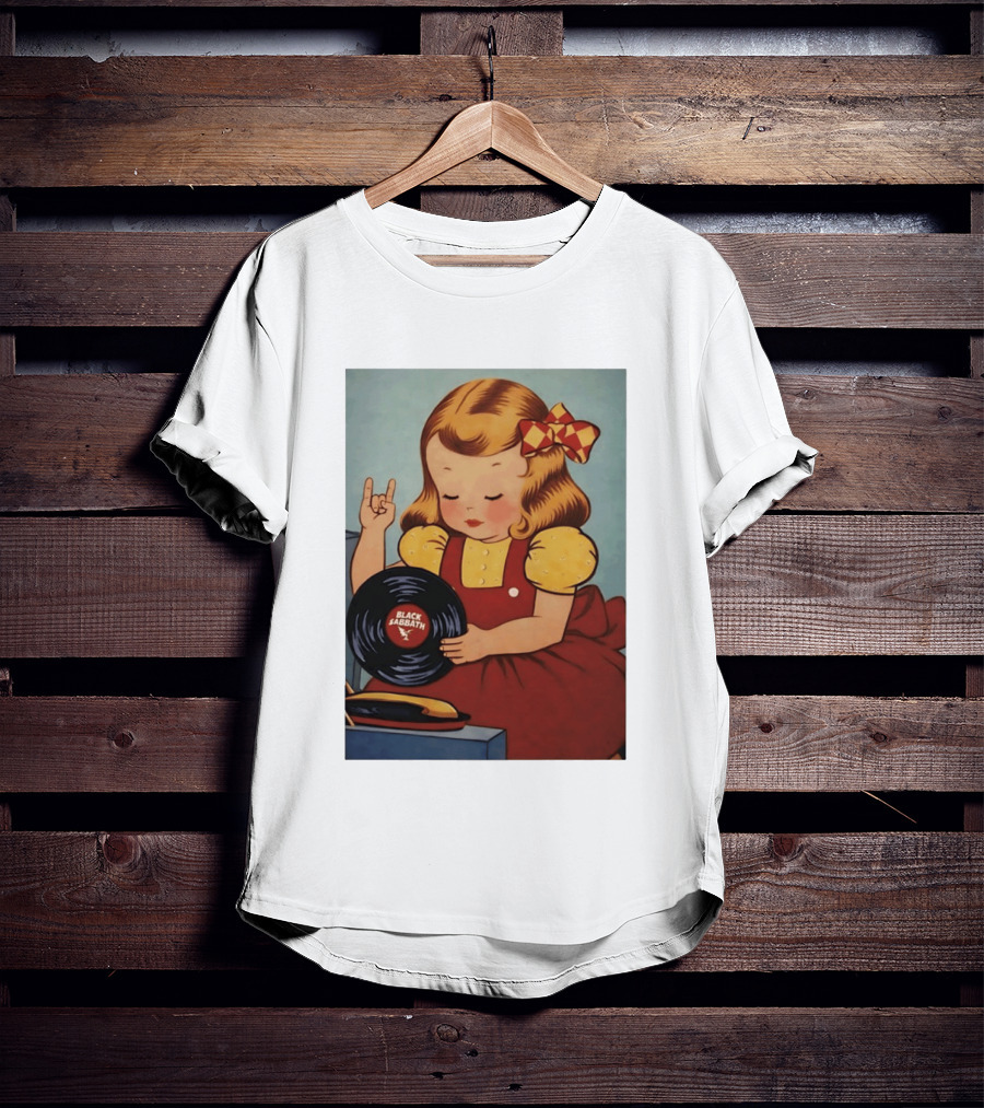 Girl Holding Black Sabbath Vinyl Heavy Metal T-Shirt